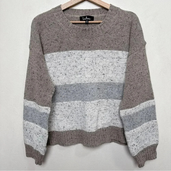 Lulus Womens  M Snuggle Season Grey Multi Striped Balloon Sleeve Sweater - Picture 2 of 13